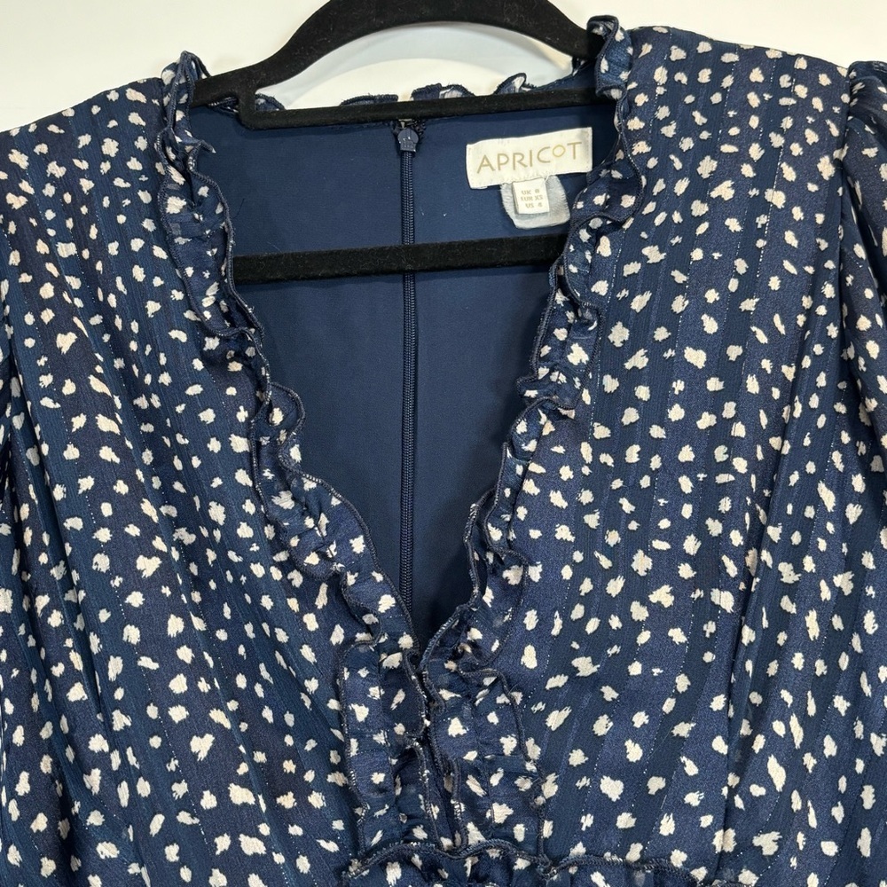 Apricot Navy Blue Ruffle V-Neck Tiered Mini Dress Romantic Cottagecore US 4 - Picture 5 of 16